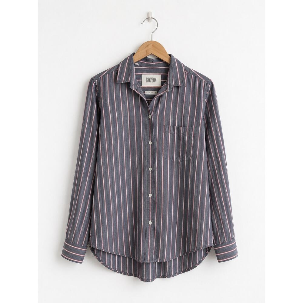 Grayson The Hero Striped Button Up Shirt Gray Pink Cotton Blouse Small